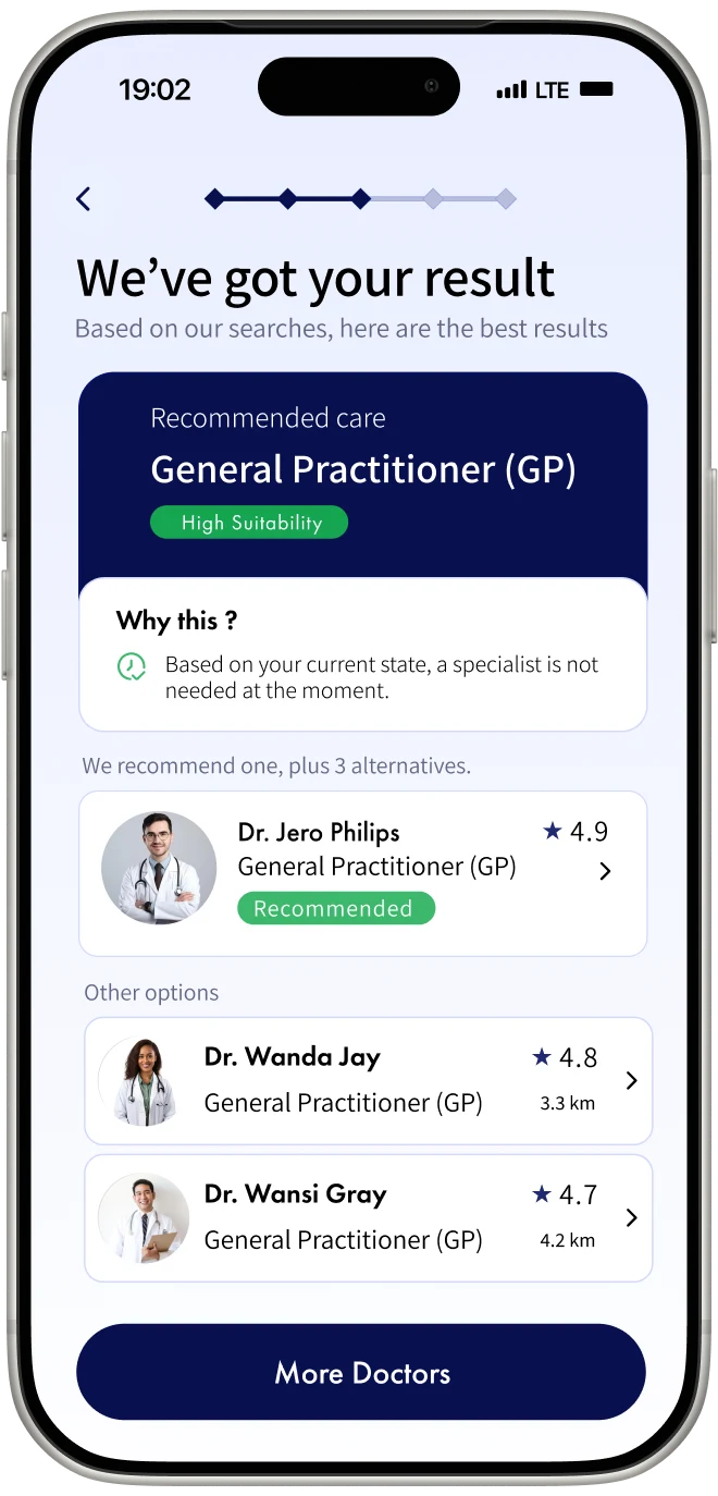 Final CareRoute care-type recommendation screen