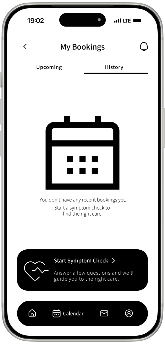 Early CareRoute bookings history empty-state prototype