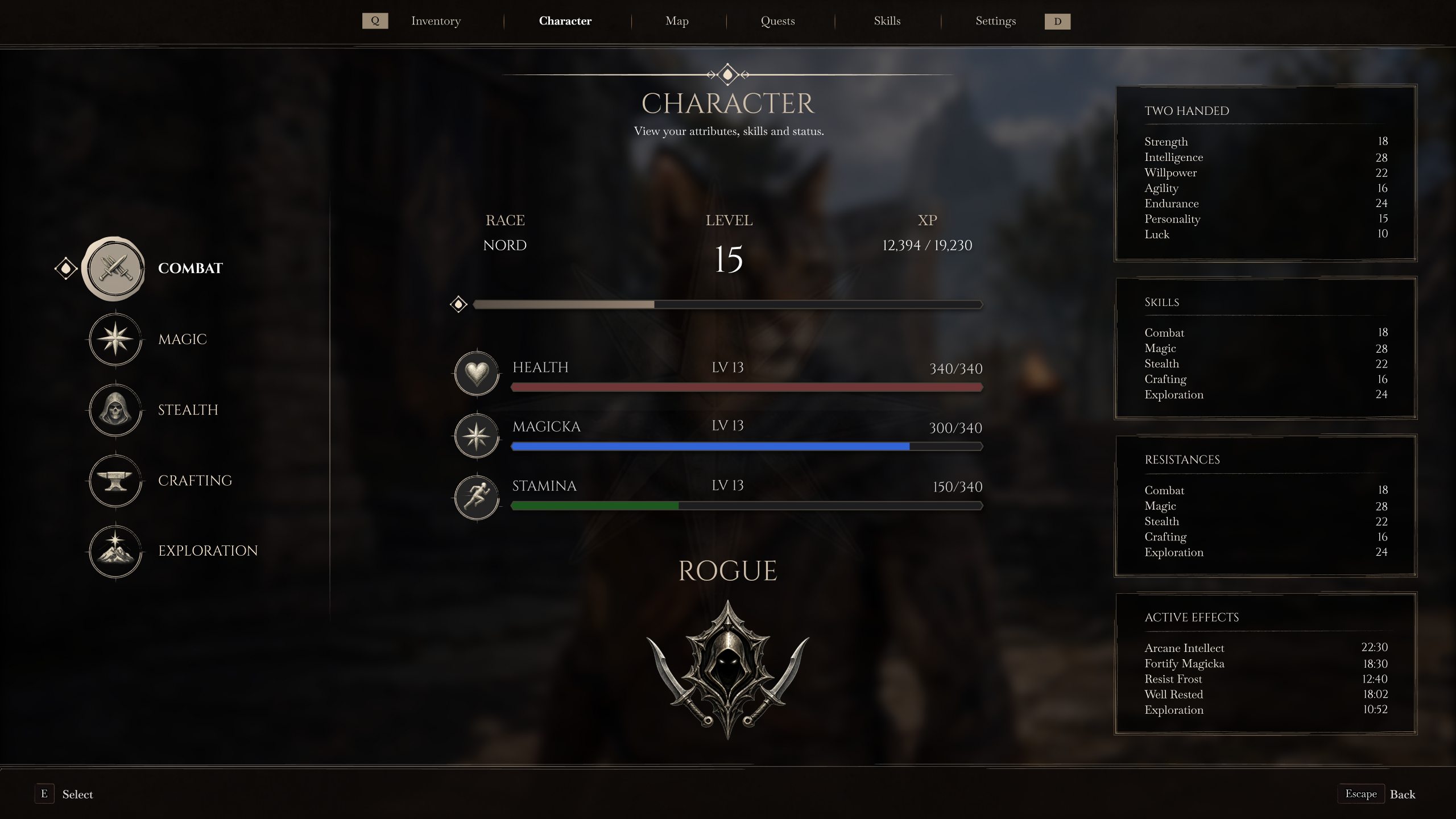 Elder Scrolls VI character screen showing stats, build identity, resistances, and active effects