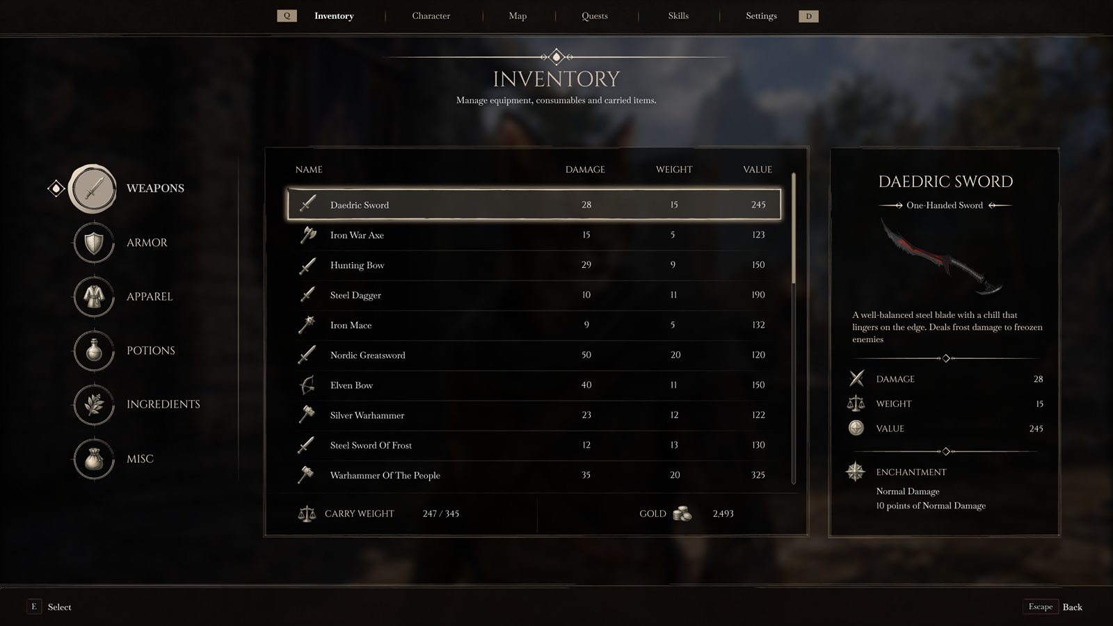Elder Scrolls VI inventory screen with category shortcuts, item table, and detail panel