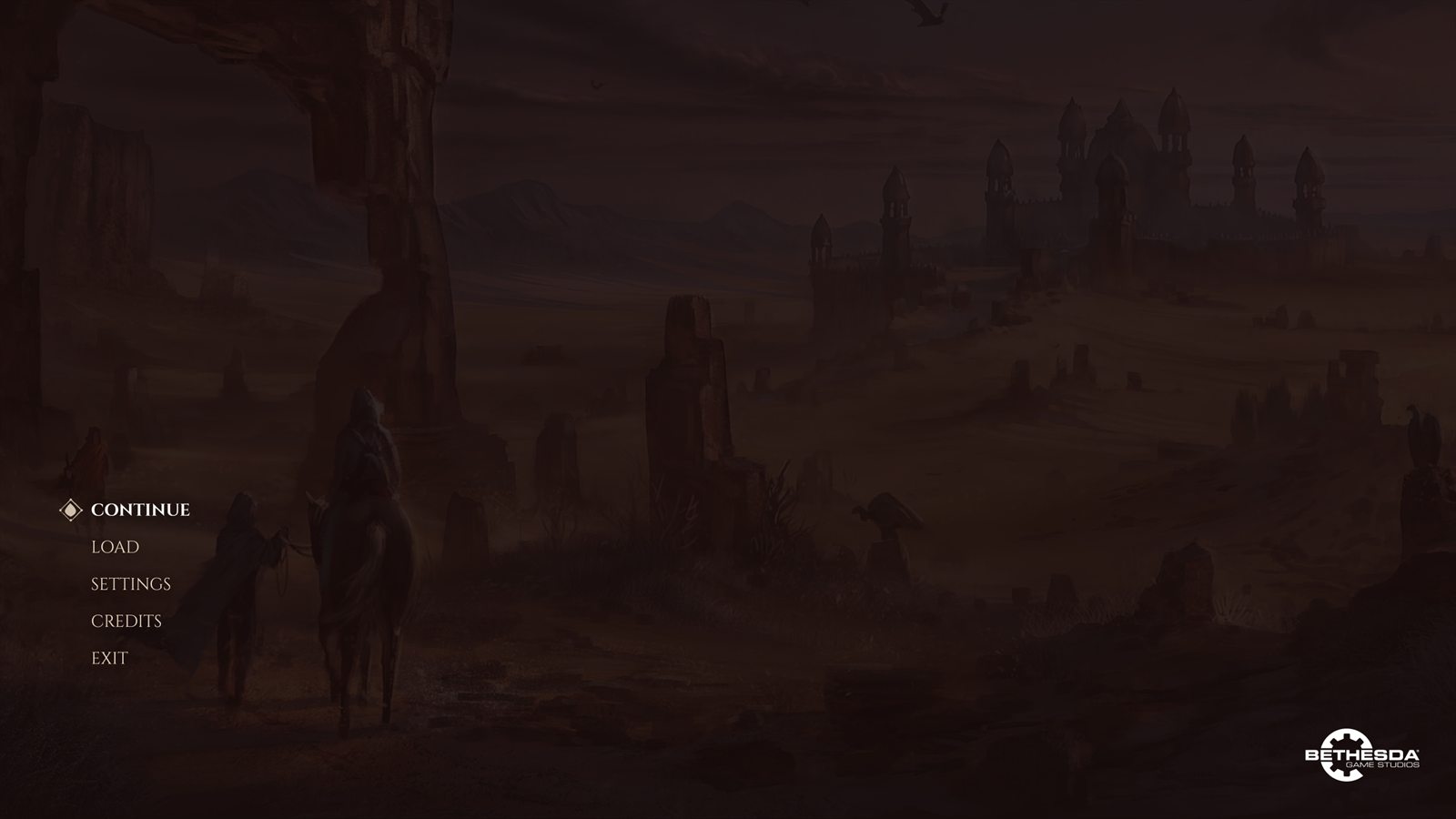 Elder Scrolls VI main menu with Continue, Load, Settings, Credits, and Exit options