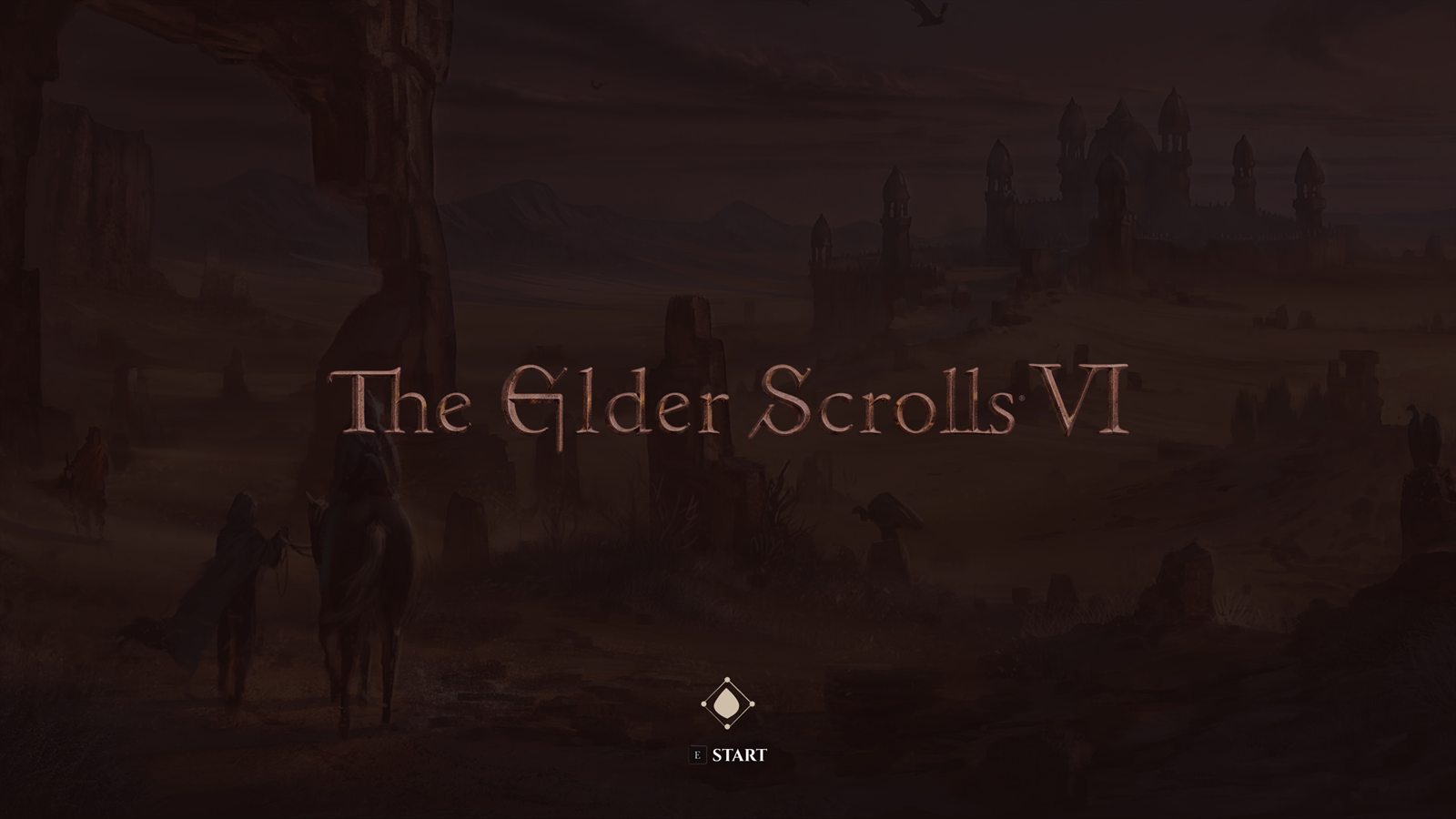 Elder Scrolls VI press start screen with logo, start prompt, and illustrated backdrop