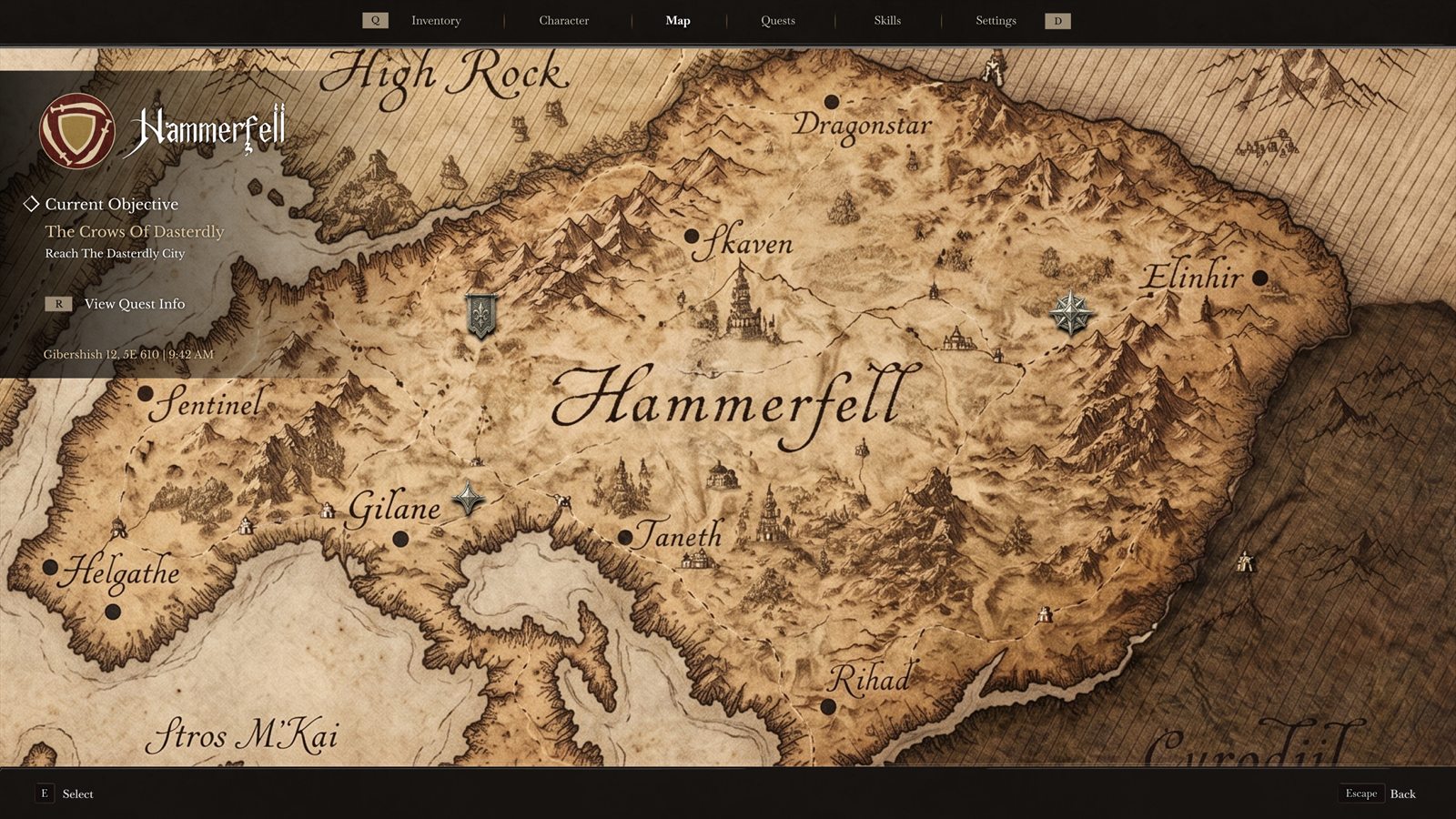 Elder Scrolls VI map screen with parchment map and current objective panel