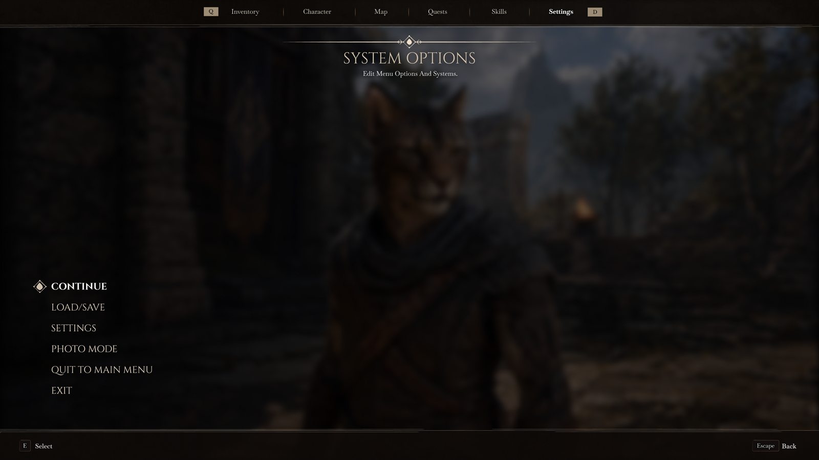 Elder Scrolls VI pause hub with RPG tabs and system actions visible over the world