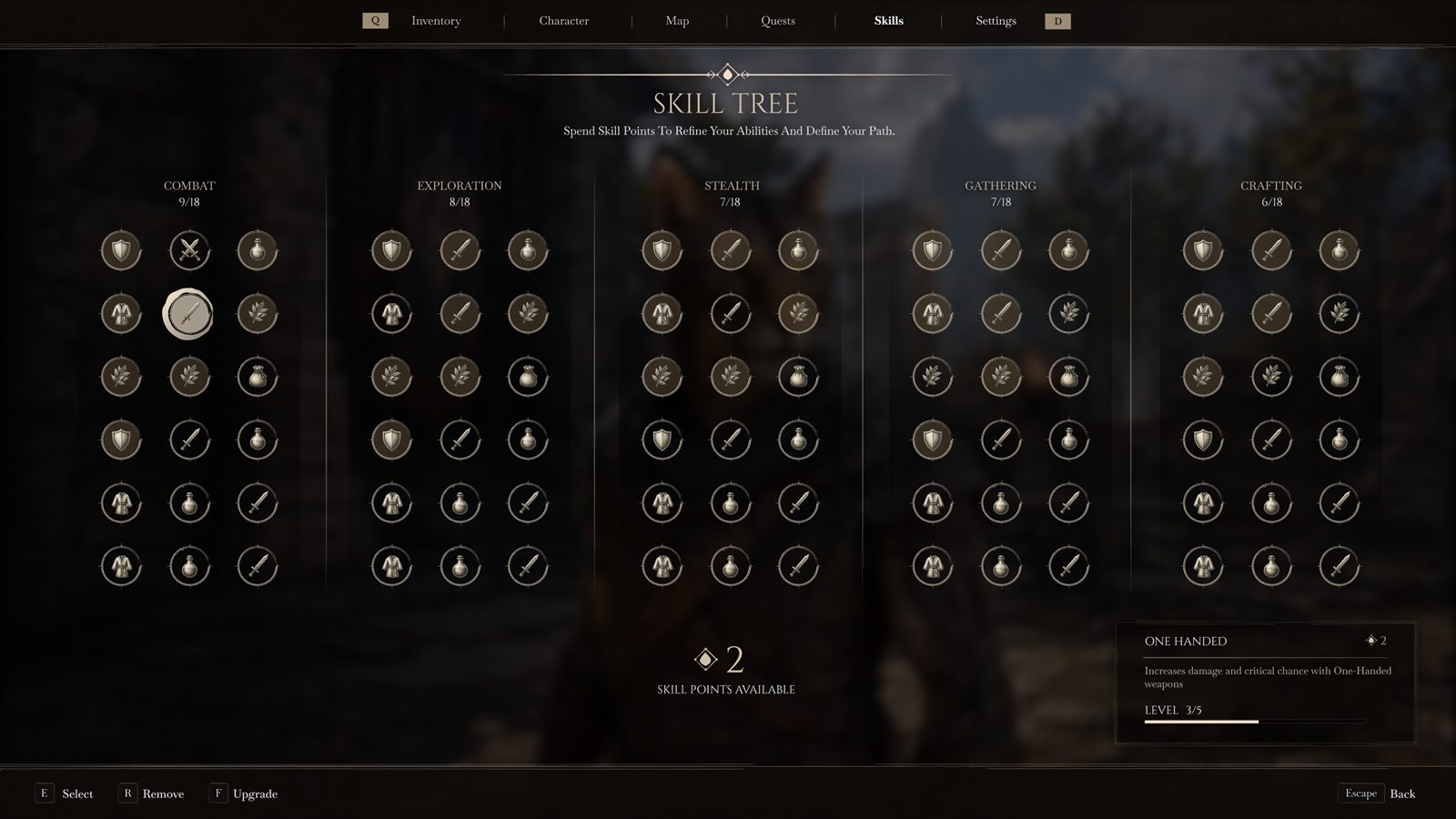 Elder Scrolls VI skill tree with Combat, Exploration, Stealth, Gathering, and Crafting columns