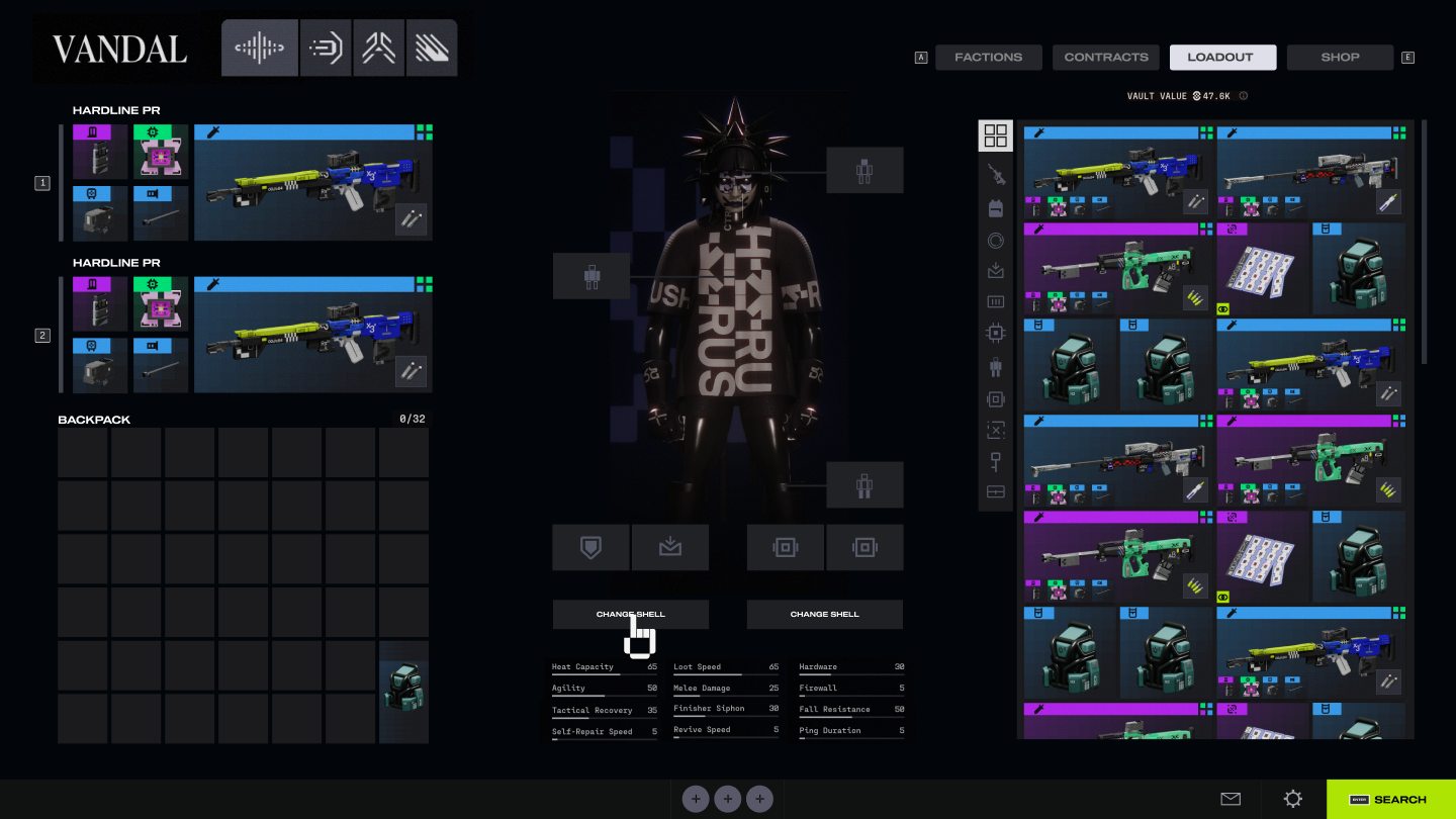 Redesigned Marathon inventory and loadout screen combining equipped gear and stored items