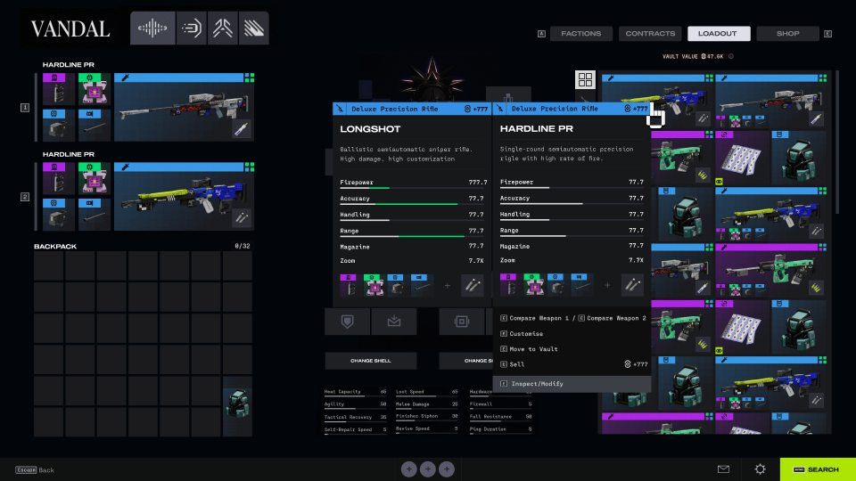 Redesigned Marathon item comparison panel with side-by-side stats